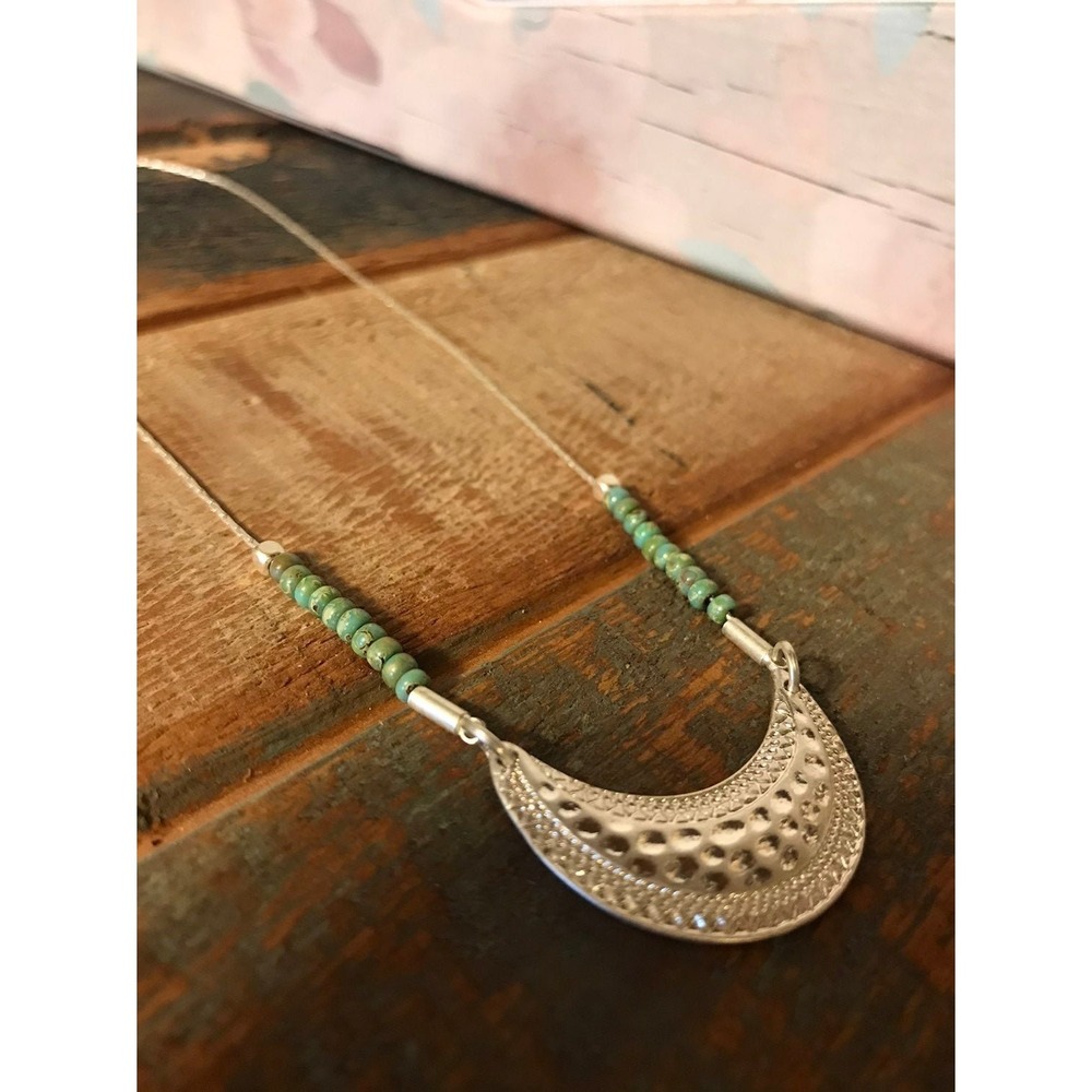 Silver Tone Crescent Moon Hammered Pendant Necklace with Turquoise Beads Boho - Picture 2 of 4